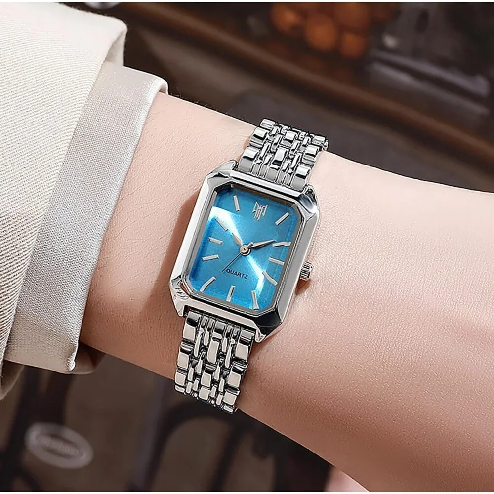 Women's Silver Blue Square Quartz Wrist Watches Steel Strap Casual Fashion